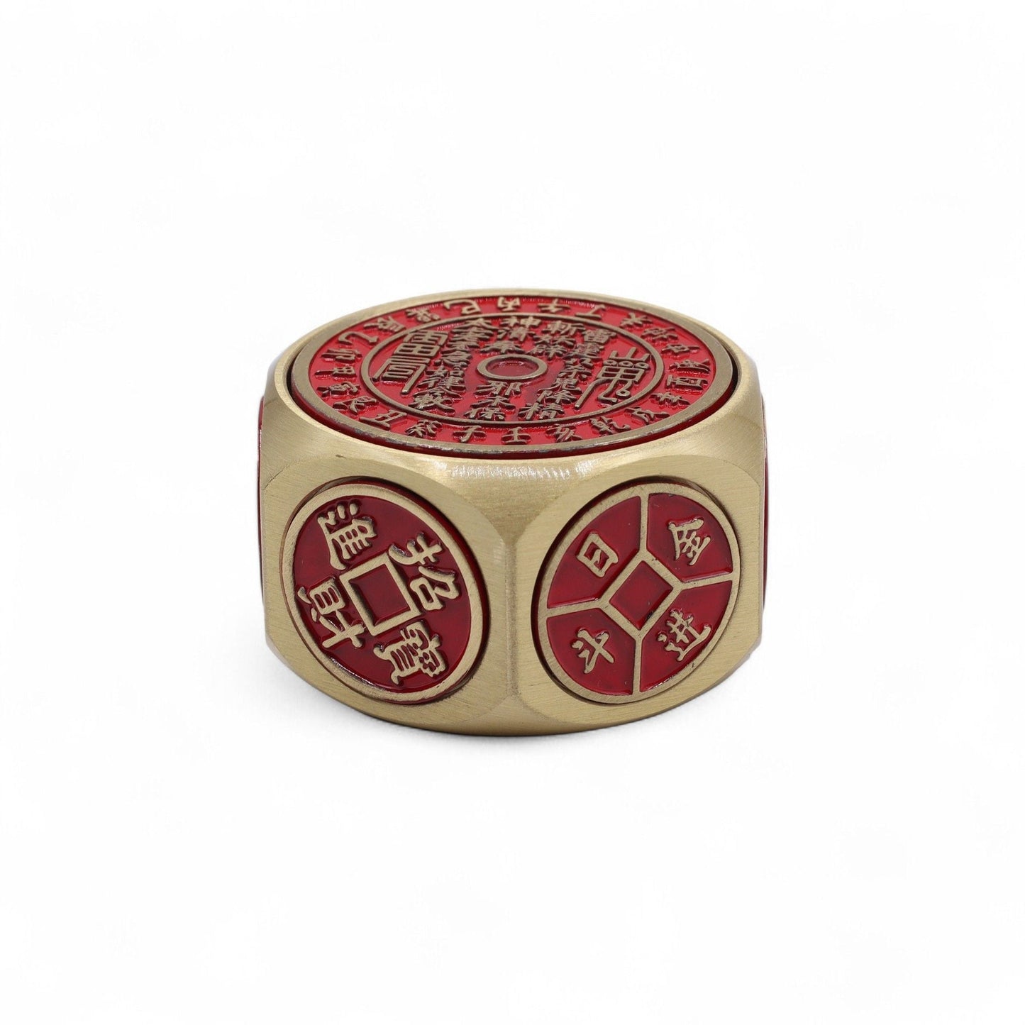 Alt Tag: Brass Feng Shui Fortune Spinner – 5x3.2 CM brass spinner with Chinese coin symbols and traditional calendar design