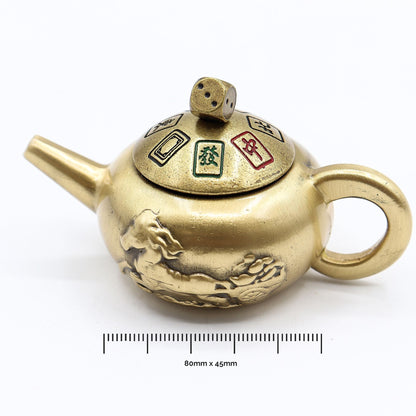 Alt Tag: Brass Feng Shui Teapot Spinner – 8x4.5 CM brass teapot-shaped spinner with engraved details and numbered lid, 80mm x 45mm