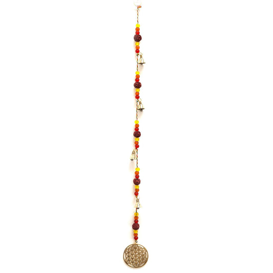 Alt Tag: Brass Flower of Life Indian Chimes – 6x63 CM brass hanging chime strand with Rudraksha beads, small bells and Flower of Life charm
