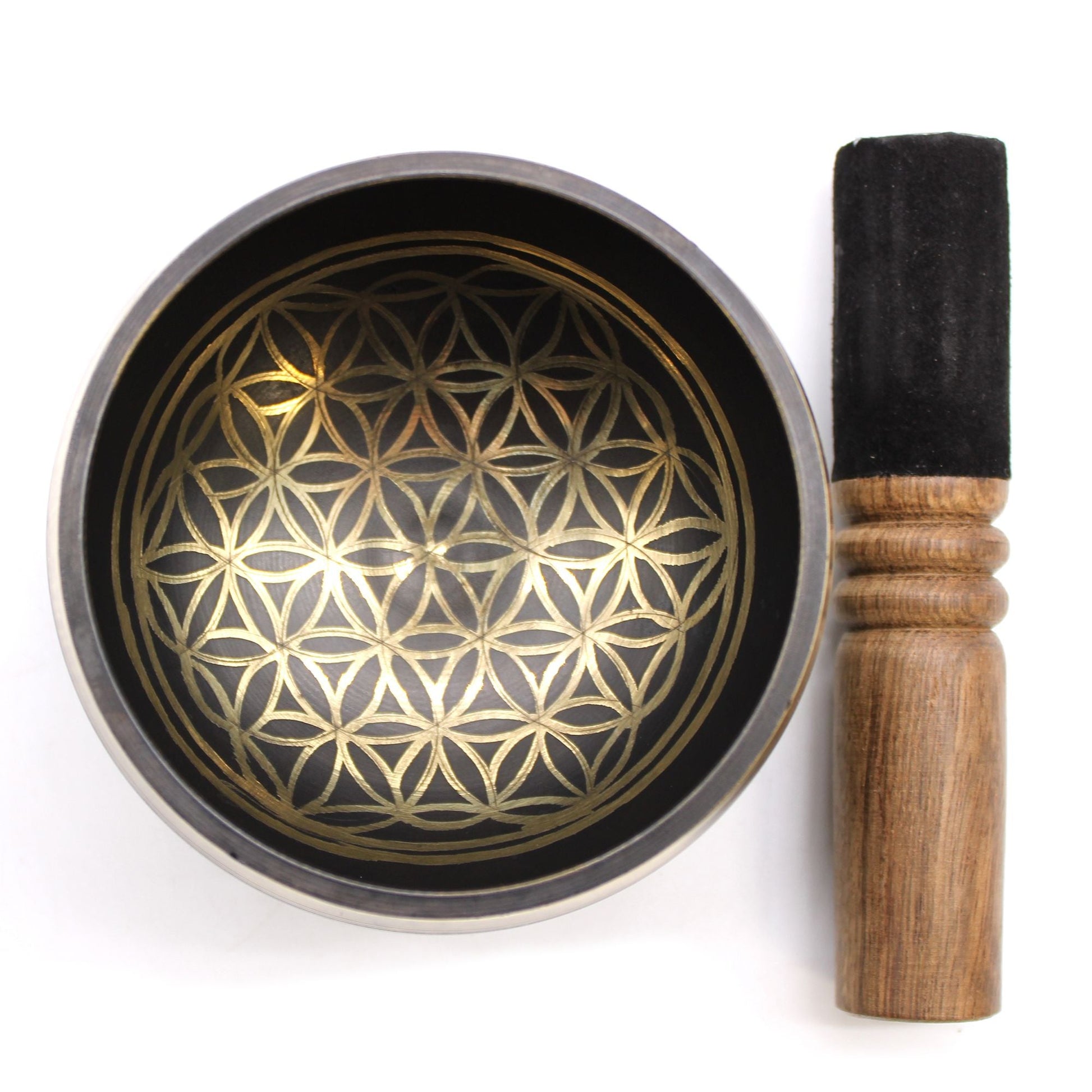 Brass Flower of Life Singing Bowl Set – 9x5 CM brass singing bowl with Flower of Life interior pattern and wooden mallet