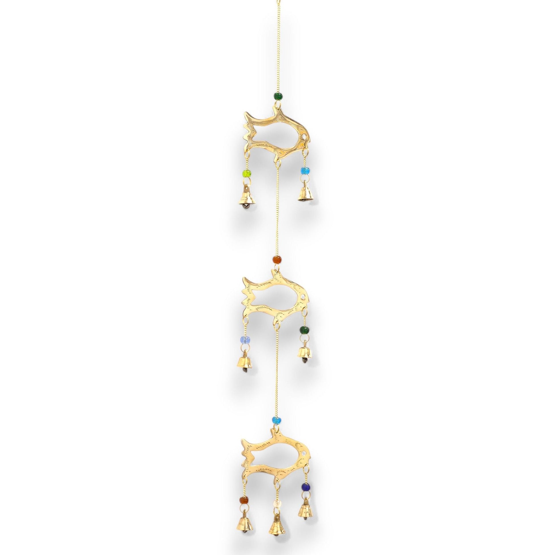 Alt-tagg: Brass & Glass Indian Fish Wind Chime – 54x8,5 CM hängande brass fish-design i mässing med glaspärlor och sju mässingsklockor