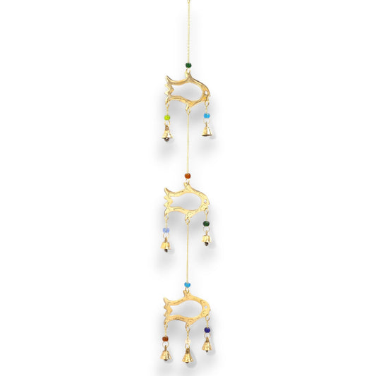 Alt Tag: Brass & Glass Indian Fish Wind Chime – 54x8.5 CM hanging brass fish design with glass beads and seven brass bells