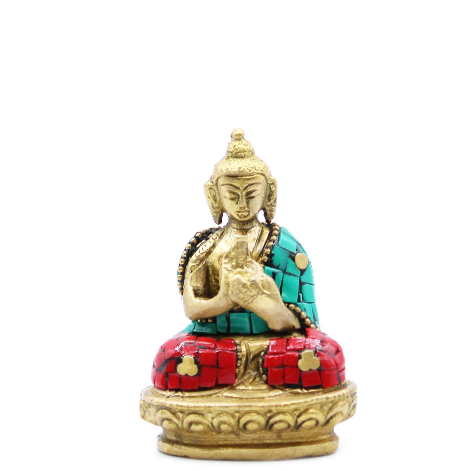 Brass & Howlite Buddha Figure – Blessing 7.5CM, small brass Buddha statue with turquoise and red howlite mosaic details