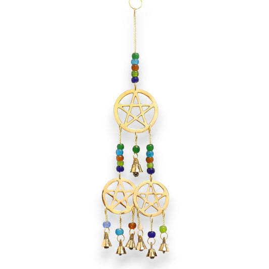 Alt Tag: Brass Indian Chimes – Tri-Pentagram, 7 Bells – 32x9.5 CM brass hanging chime with tri-pentagram charms, glass beads and 7 bells