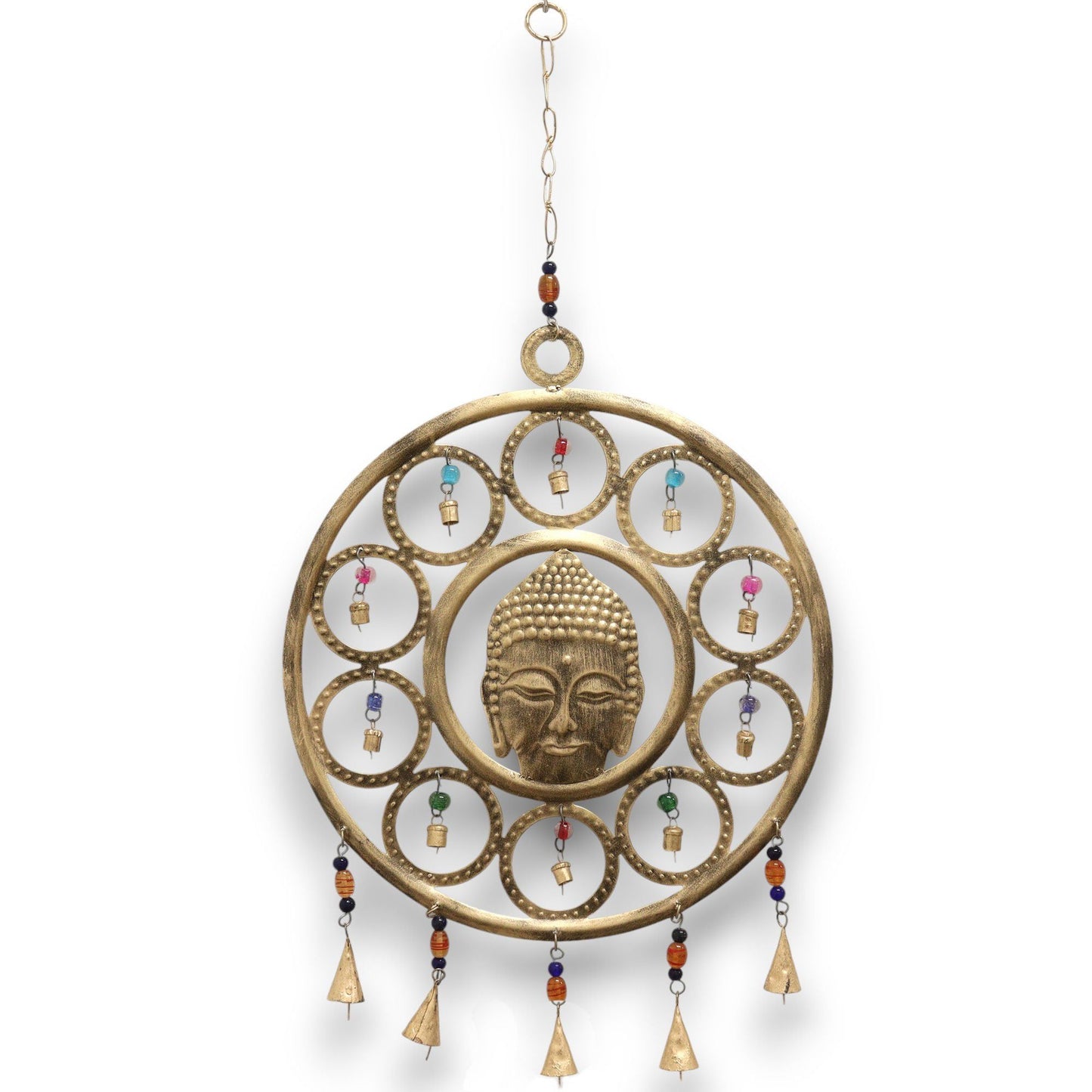 Alt Tag: Vindspel i mässing med stort Buddha-ansikte – 36CM i mässing med Buddha-ansikte, dekorativa ringar, glaspärlor och hängande klockor