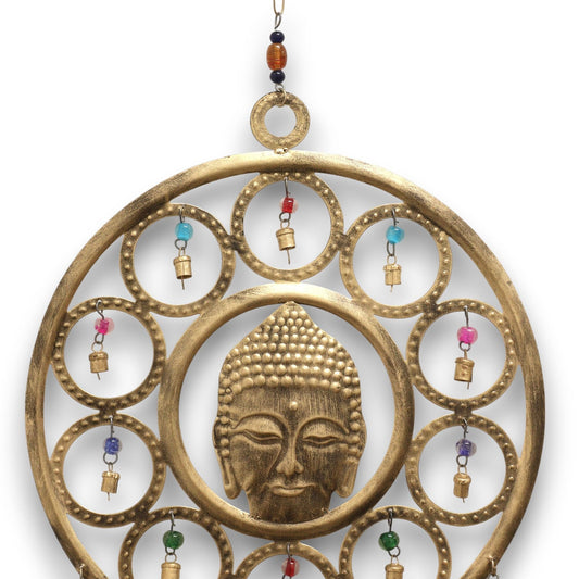 Brass Large Buddha Face Wind Chimes – 36CM brass hanging wind chime with Buddha face centerpiece, circular rings and colorful glass beads