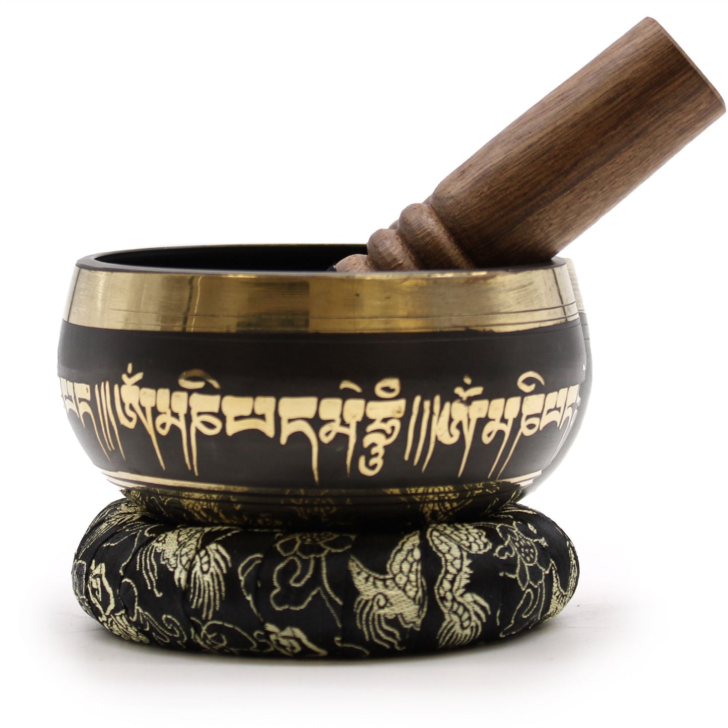 Messing-Lotusblumen-Klangschalen-Set – 9x5 CM mit Holzschlägel und Kissen, Messingschale mit gravierter Schrift, Schwarz-Gold-Design