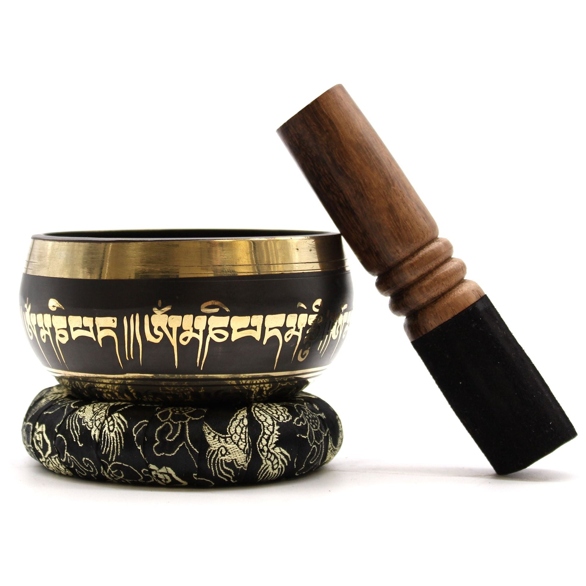 Messing-Lotusblüten-Klangschalen-Set – 9x5 CM mit Holzschlägel und Brokatkissen, schwarze und goldene Messingschale mit Schriftzug-Design