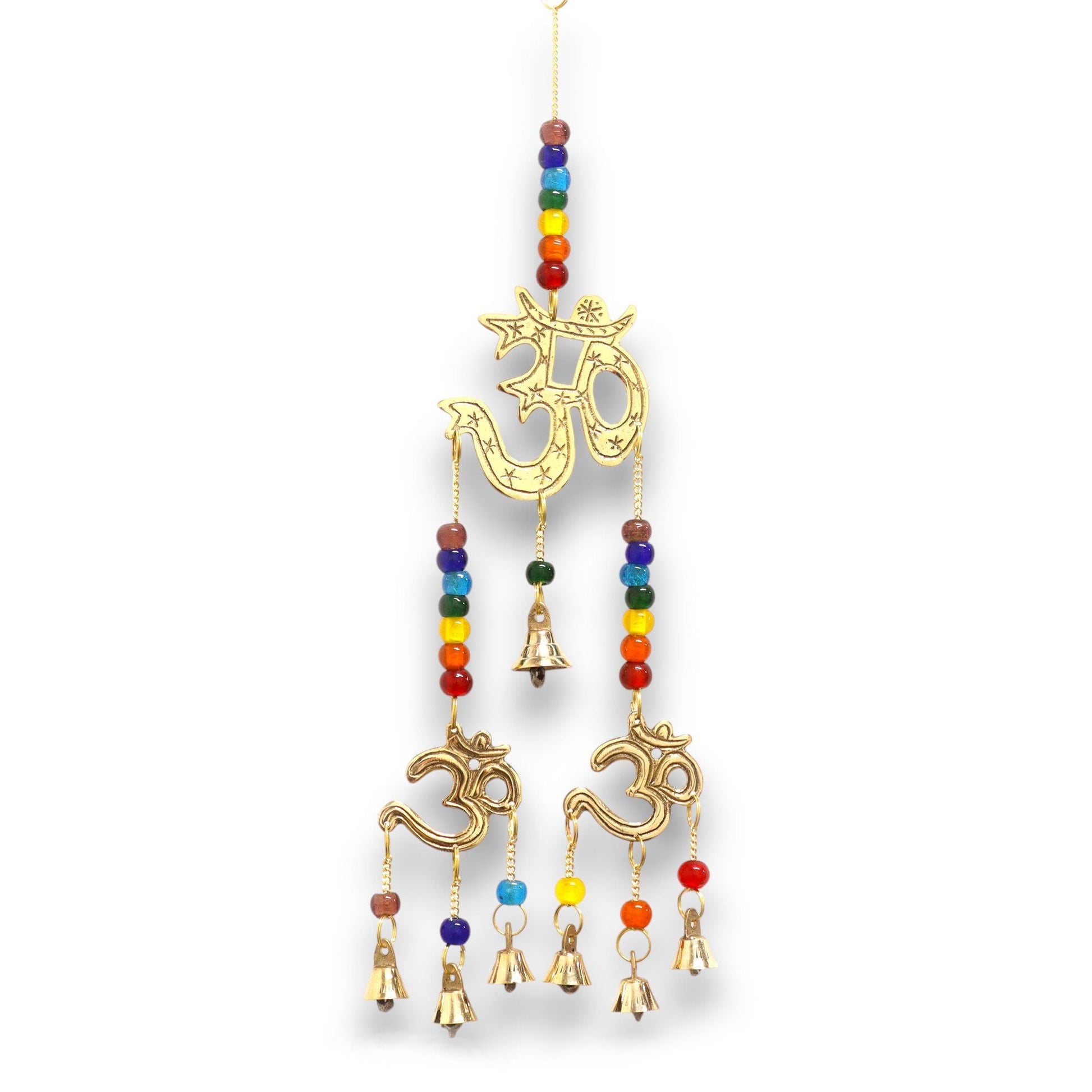 Brass Om Chimes – Chakrapärlor & 7 klockor, 9,5x32CM hängande Om-vindspel i mässing med färgglada chakrapärlor och sju klockor