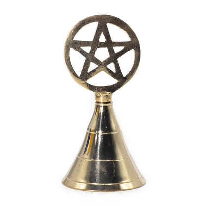 Brass Pentagram Altar Bell – 10.5 CM, solid brass ritual altar bell with openwork pentagram handle