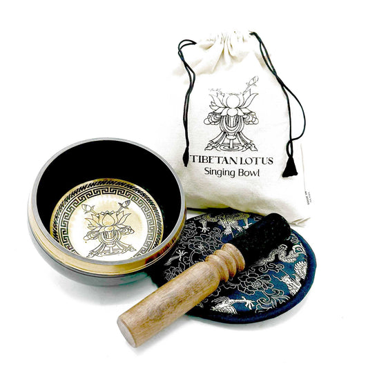 Alt Tag: Brass Singing Bowl Gift Set – 14CM Lotus Flower with lotus brass bowl, mallet, cushion and drawstring pouch