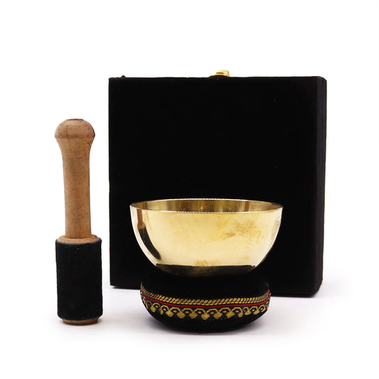 Brass Singing Bowl Gift Set – 9 CM with brass singing bowl, wooden mallet, cushion, and black gift box