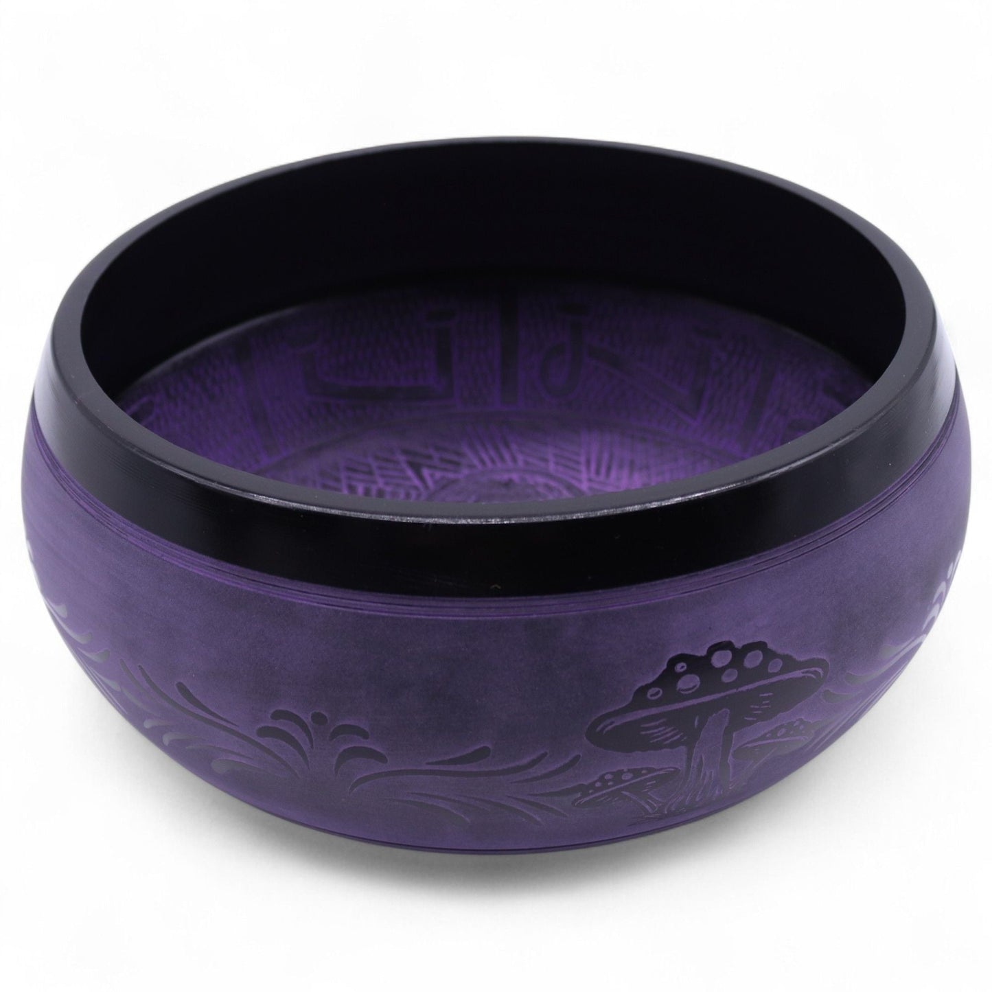 Alt Tag: Brass Singing Bowl – Purple Haze 23x10.5 CM purple brass meditation singing bowl with black rim, engraved exterior