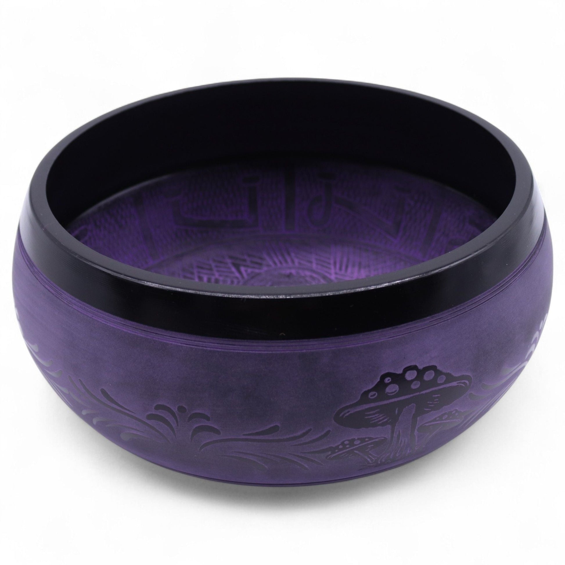 Alt Tag: Brass Singing Bowl – Purple Haze 23x10.5 CM purple brass meditation singing bowl with black rim, engraved exterior