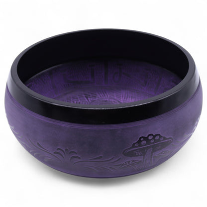 Alt Tag: Brass Singing Bowl – Purple Haze 23x10.5 CM purple brass meditation singing bowl with black rim, engraved exterior