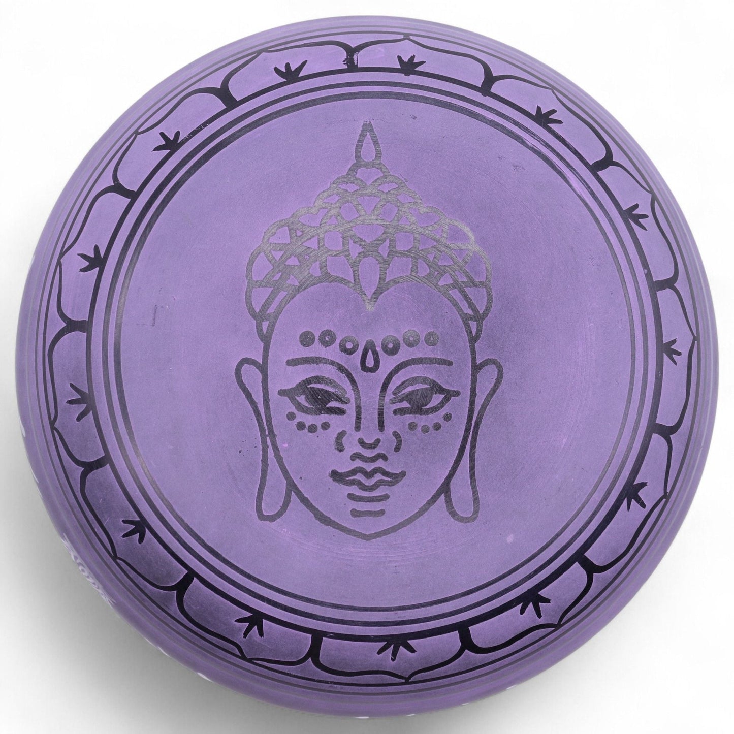 Alt Tag: Brass Singing Bowl – Purple Haze 23x10.5 CM, purple brass singing bowl top view with Buddha face engraving