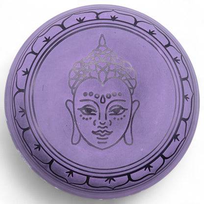 Alt Tag: Brass Singing Bowl – Purple Haze 23x10.5 CM, purple brass singing bowl top view with Buddha face engraving