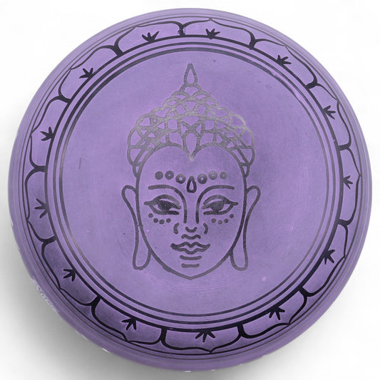 Alt Tag: Brass Singing Bowl – Purple Haze 23x10.5 CM, purple brass singing bowl top view with Buddha face engraving