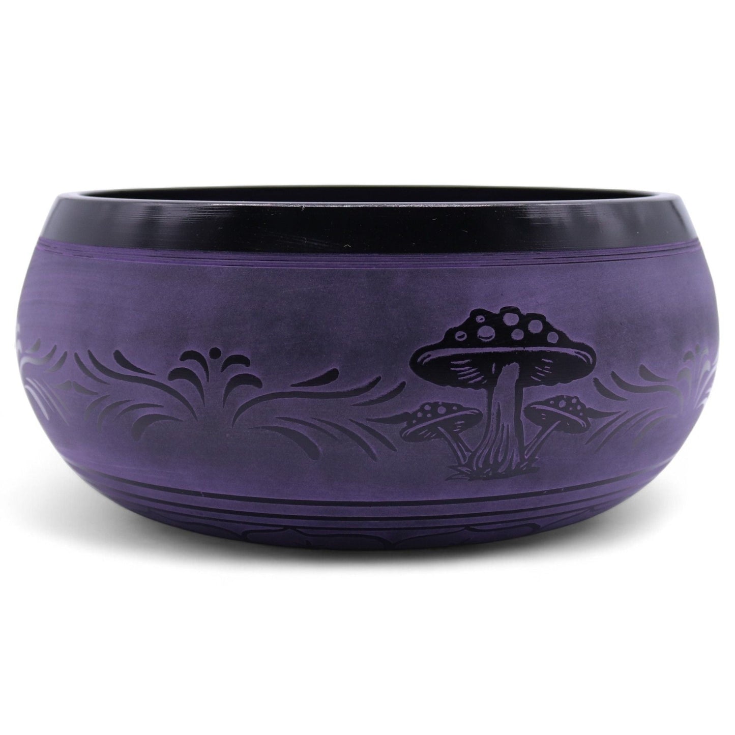 Alt Tag: Brass Singing Bowl – Purple Haze 23x10.5 CM purple brass singing bowl with etched mushroom and floral pattern