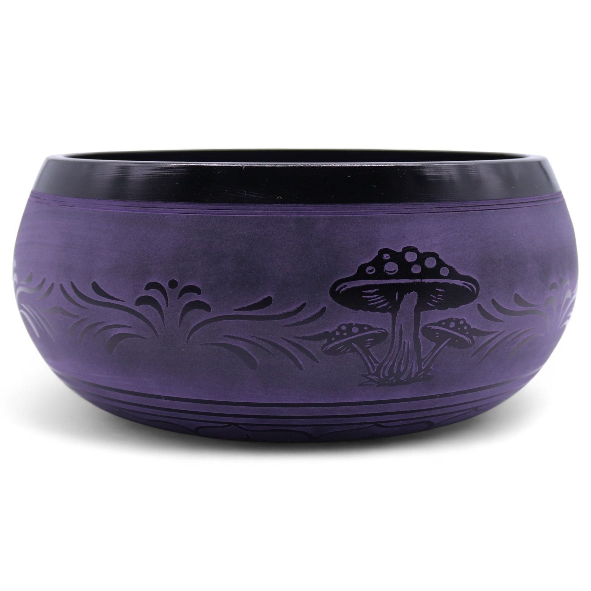 Alt Tag: Brass Singing Bowl – Purple Haze 23x10.5 CM purple brass singing bowl with etched mushroom and floral pattern