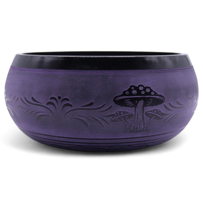Alt Tag: Brass Singing Bowl – Purple Haze 23x10.5 CM purple brass singing bowl with etched mushroom and floral pattern