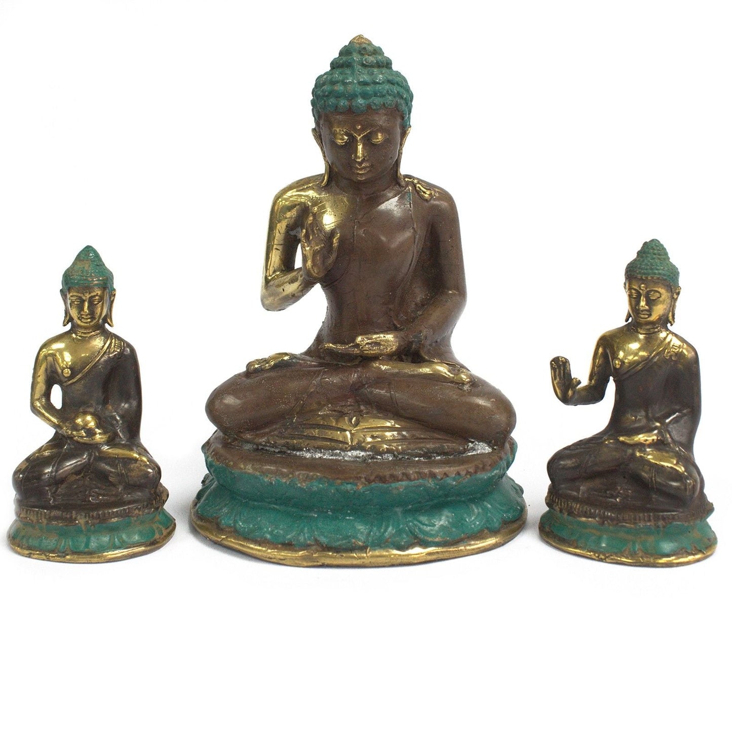 Messing-Statue „Sitzender Buddha“ – 18 CM Set aus drei Buddha-Figuren aus Messing mit türkisfarbenen Akzenten, sitzende Meditationspose