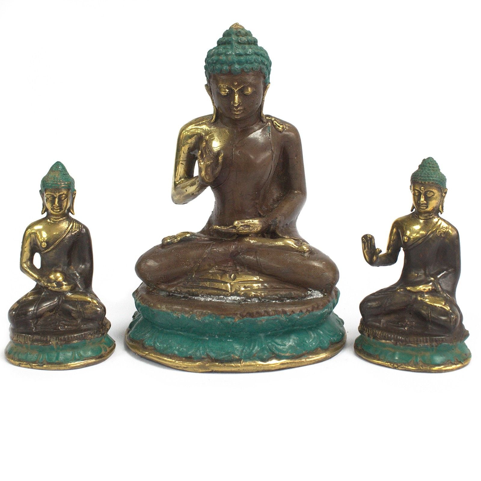 Messing-Statue „Sitzender Buddha“ – 18 CM Set aus drei Buddha-Figuren aus Messing mit türkisfarbenen Akzenten, sitzende Meditationspose