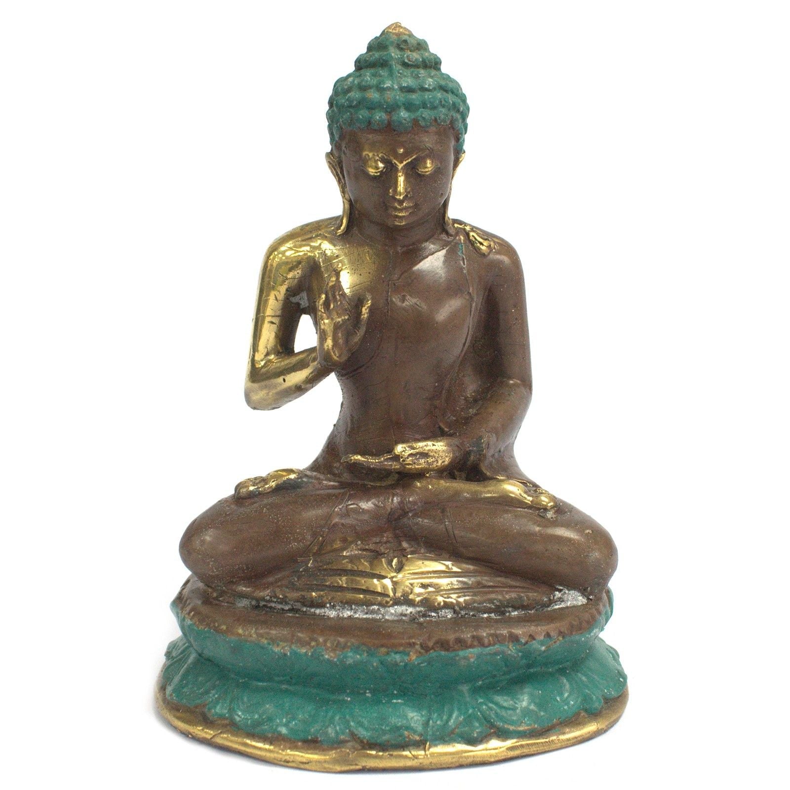 Buddha-Statue aus Messing im Sitzen – 18 CM Messing-Buddhafigur in sitzender Meditationspose mit Gold- und Türkis-Finish
