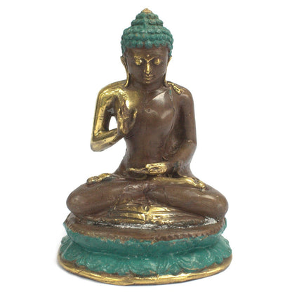 Buddha-Statue aus Messing im Sitzen – 18 CM Messing-Buddhafigur in sitzender Meditationspose mit Gold- und Türkis-Finish