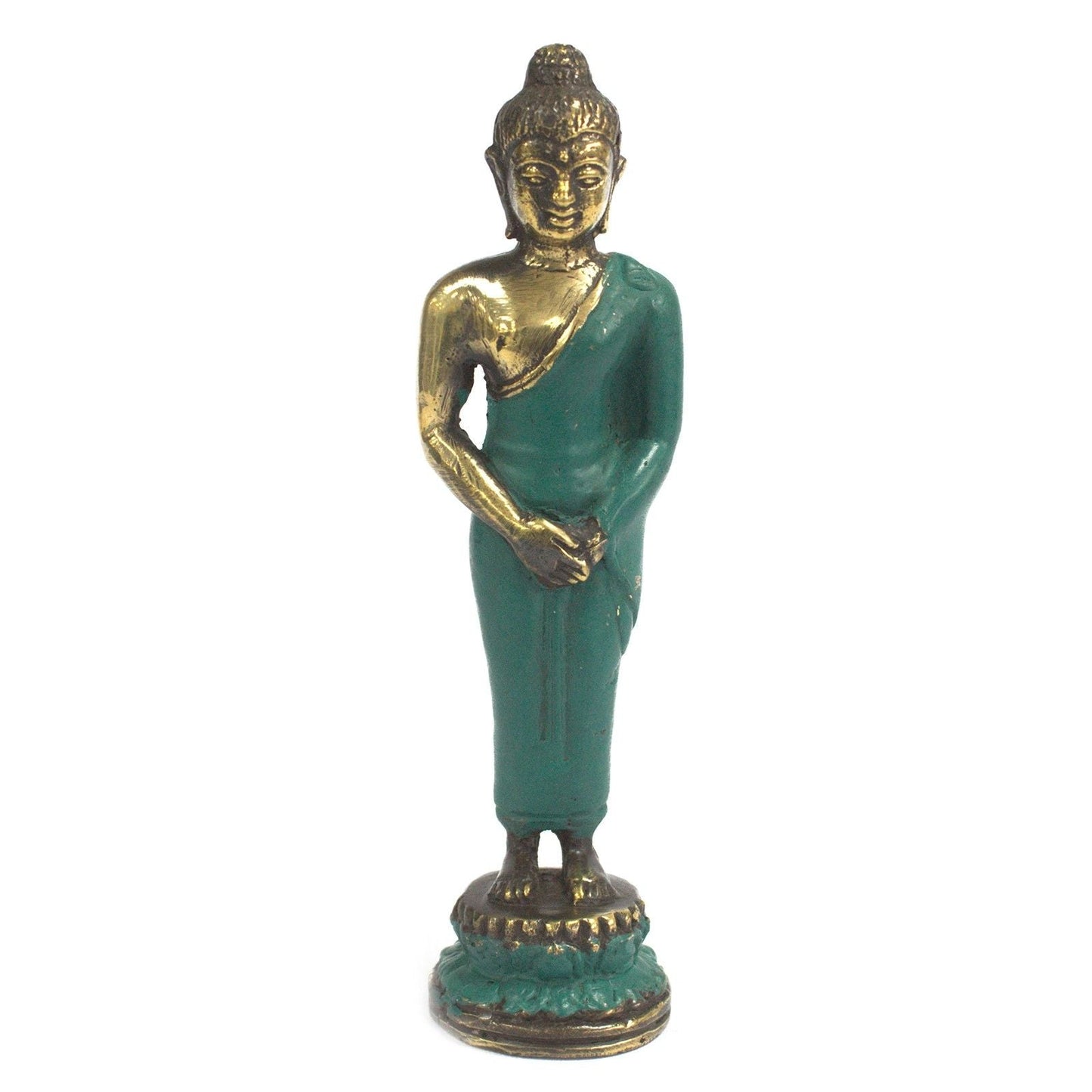 Alt-Tag: Stehende Buddha-Statue aus Messing – 17x4 cm stehende Buddha-Figur aus Messing mit grünem Gewand, Vorderansicht