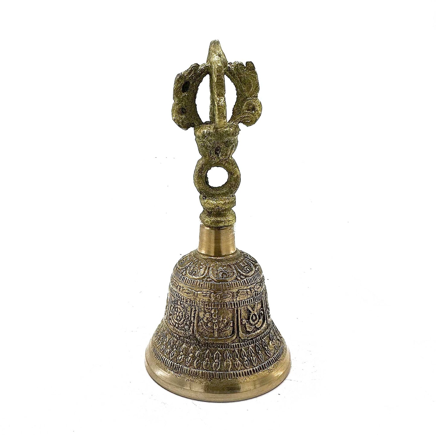 Alt Tag: Brass Tibetan Tingsha Bell – 6x11.5 CM, campana tibetana de latón con grabados y asa decorativa, vista frontal