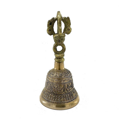 Alt Tag: Brass Tibetan Tingsha Bell – 6x11.5 CM, campana tibetana de latón con grabados y asa decorativa, vista frontal