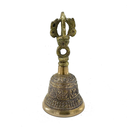 Alt-Tag: Tibetische Tingsha-Glocke aus Messing – 6x11.5 CM, tibetische Messingglocke mit Gravuren und dekorativem Griff, Vorderansicht