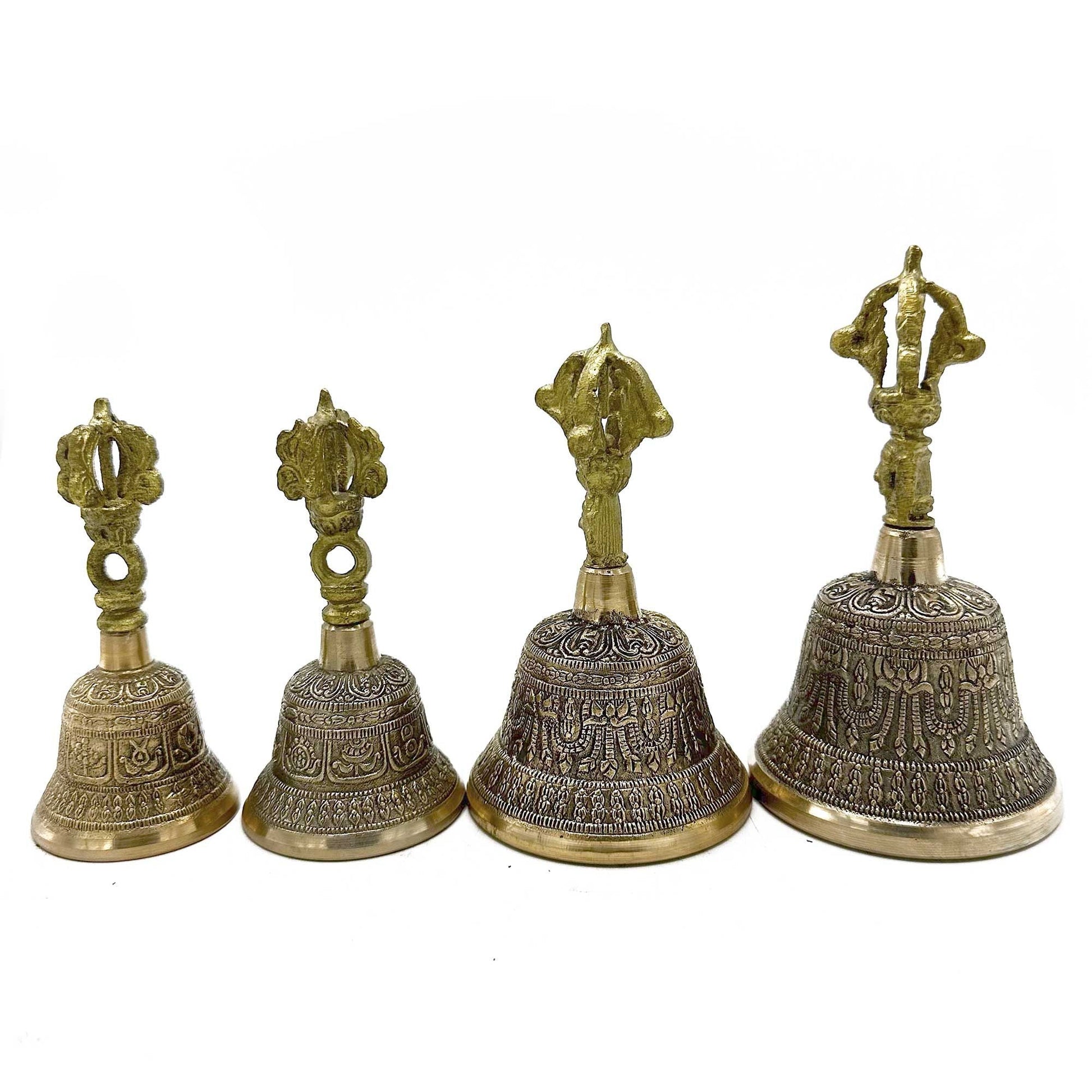 Alt Tag: Brass Tibetan Tingsha Bell – 7.5x13 CM brass meditation bell set with engraved details, shown in multiple sizes on white background