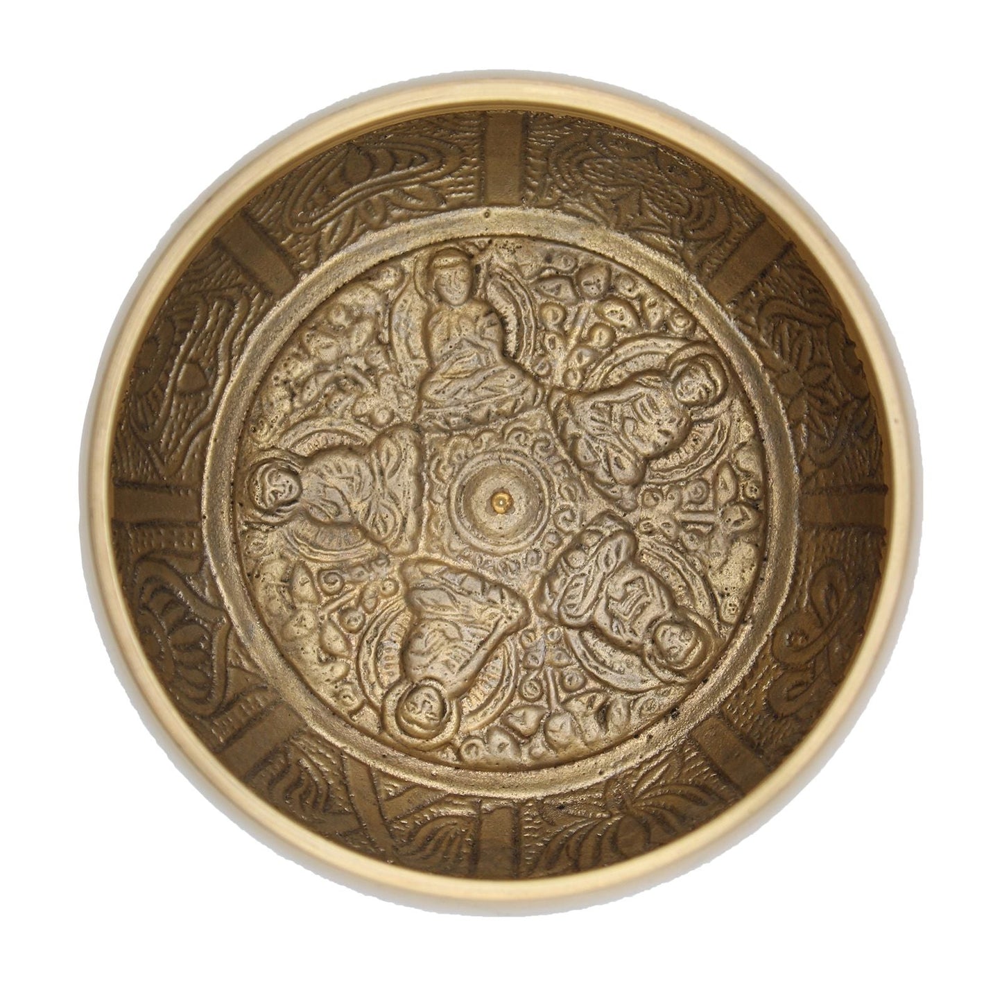 Sjungskål i mässing från Tibet – 11×6 CM, vy uppifrån med traditionella graveringar i mässing