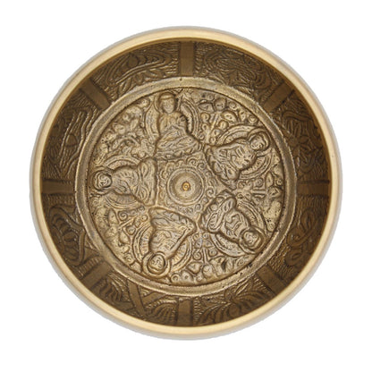 Sjungskål i mässing från Tibet – 11×6 CM, vy uppifrån med traditionella graveringar i mässing
