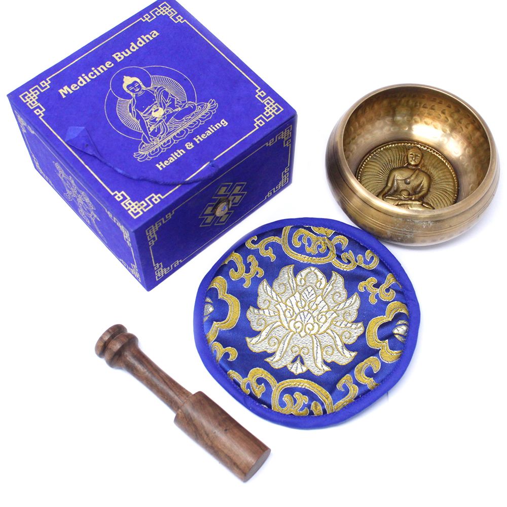Alt Tag: Brass Tibetan Singing Bowl Set – 10CM with brass bowl, wooden mallet, blue cushion and Buddha gift box
