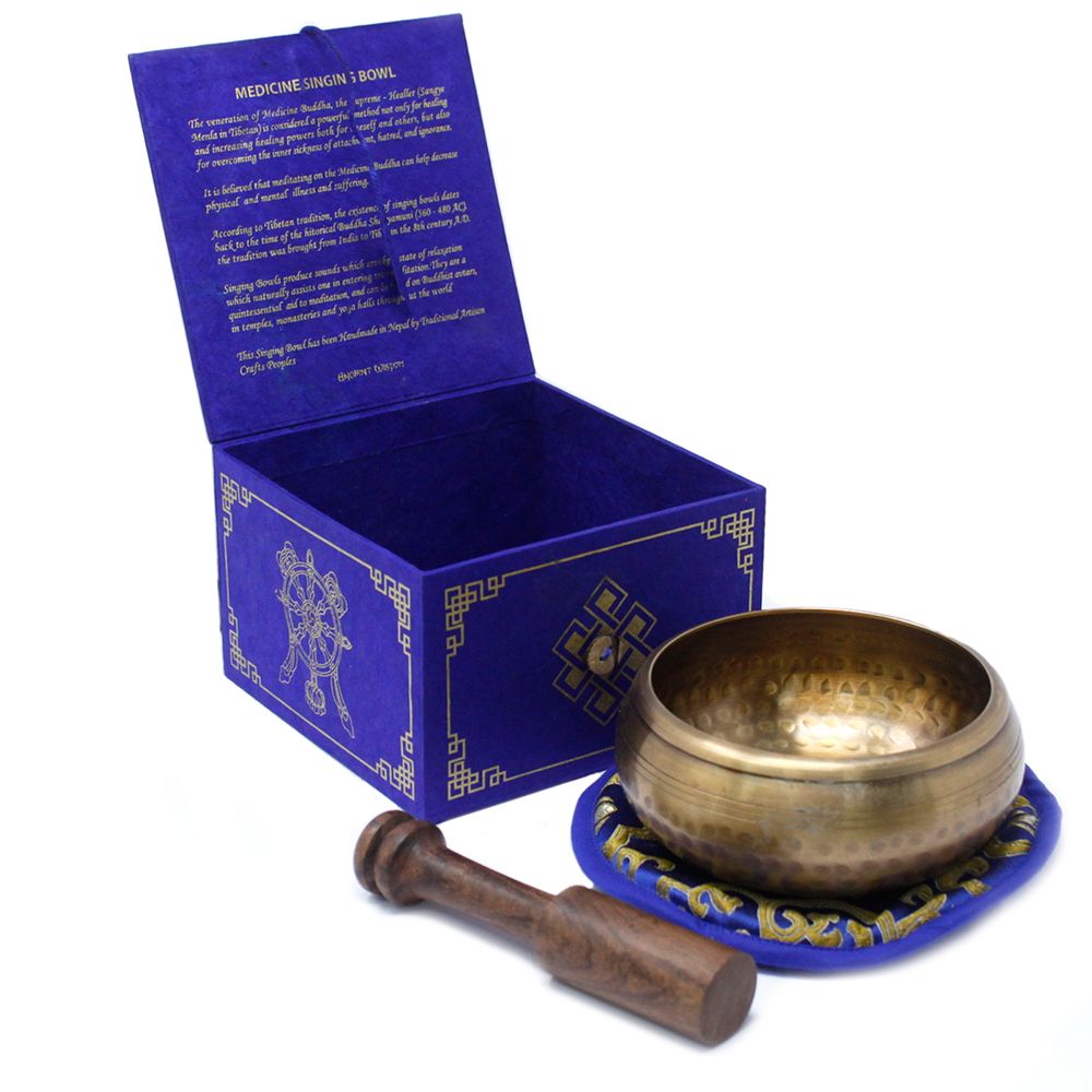 Brass Tibetan Singing Bowl Set – 10CM con cuenco de latón, mazo de madera, cojín bordado y caja azul con detalles dorados