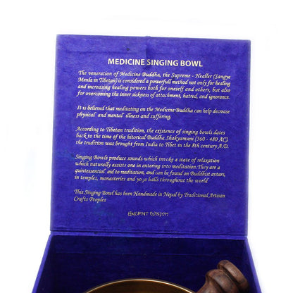 Brass Tibetan Singing Bowl Set – 10CM in blue gift box with printed Singing Bowl text and wooden striker