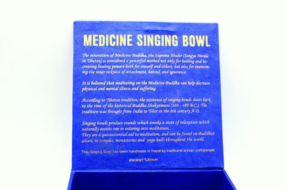 Brass Tibetan Singing Bowl Set – 10CM product packaging with Singing Bowl text on blue box