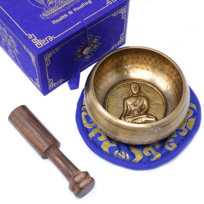 Brass Tibetan Singing Bowl Set – 10CM de latón con mazo de madera, cojín azul y caja de regalo