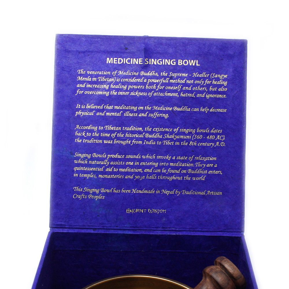 Brass Tibetan Singing Bowl Set – 10CM product box with Singing Bowl text and wooden mallet
