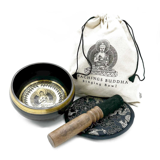 Brass Tibetan Singing Bowl Set – 14CM con mazo de madera, cojín y bolsa con diseño de Buda, cuenco de latón grabado