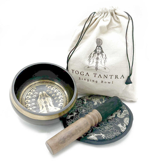 Alt Tag: Brass Tibetan Singing Bowl Set – 14CM Yogi with engraved brass bowl, mallet, cushion and drawstring pouch