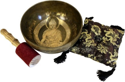 Brass Tibetan Singing Bowl Set – 19CM con mazo forrado y bolsa de tela bordada, cuenco de latón con grabado de Buda