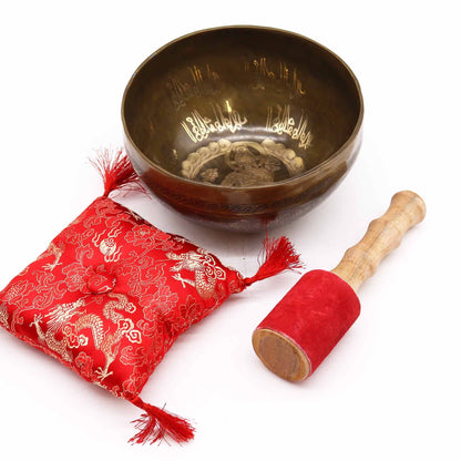 Cuencos tibetanos de canto de latón – Set de 19x8 CM, cuenco de bronce con mazo y cojín rojo decorativo