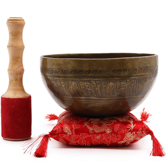 Brass Tibetan Singing Bowls – 19x8 CM Set with engraved brass bowl, wooden mallet and red cushion