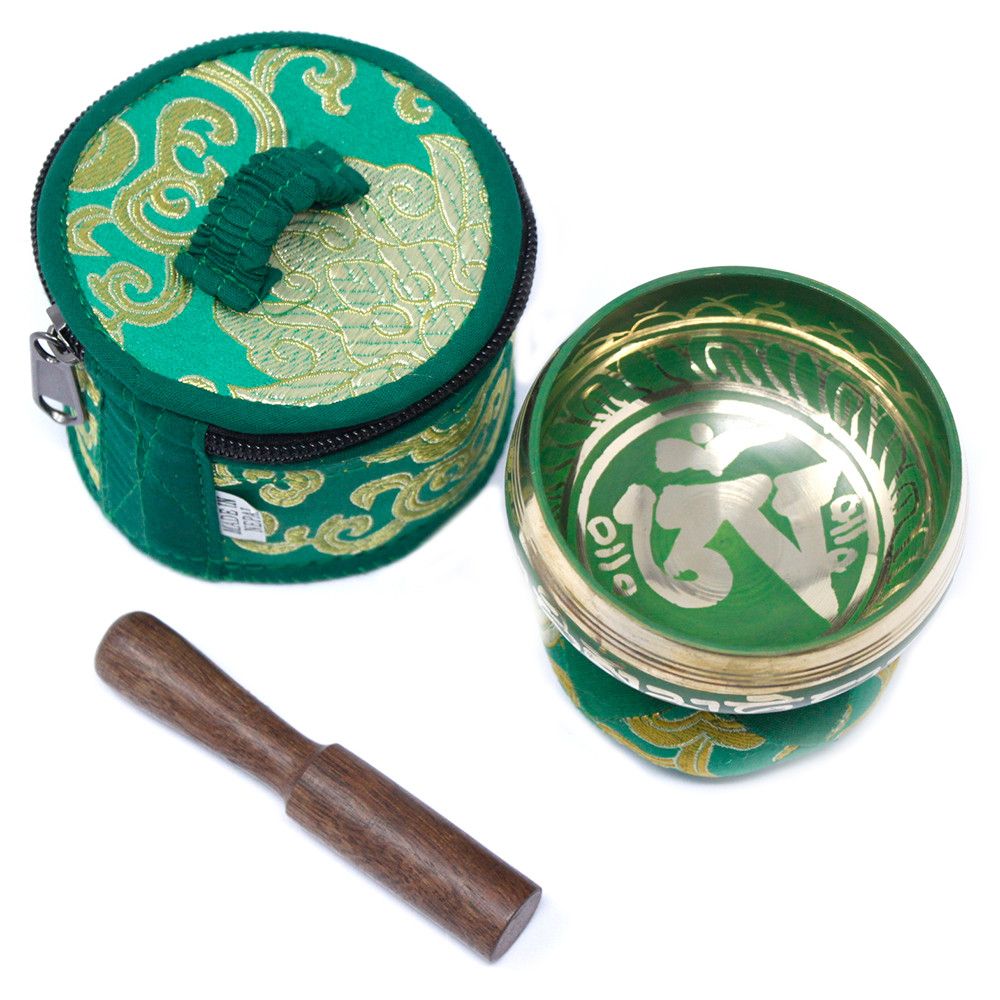 Brass Tibetan Singing Bowl Set – 6x8 CM with green brocade case and wooden striker, brass bowl with engraved symbol