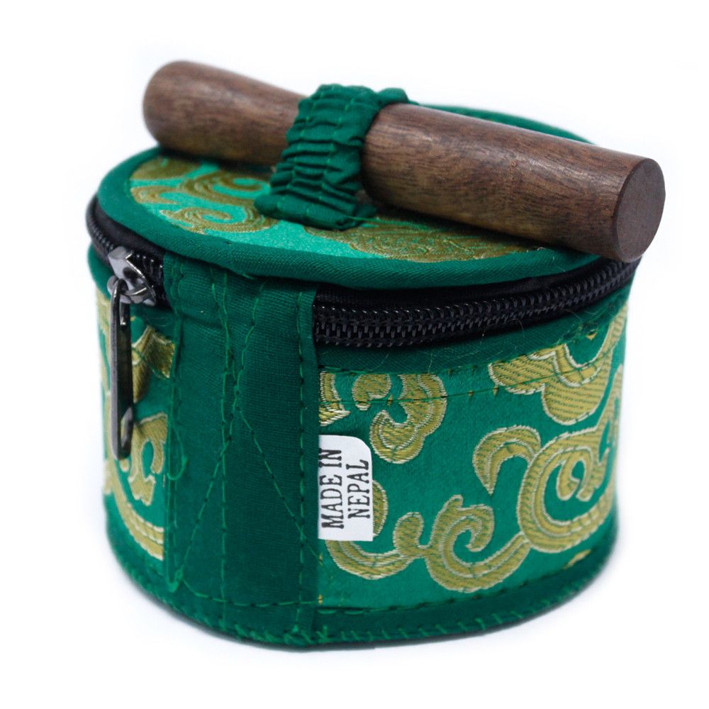 Brass Tibetan Singing Bowl Set – 6x8 CM green brocade zippered case with wooden striker, Made in Nepal tag