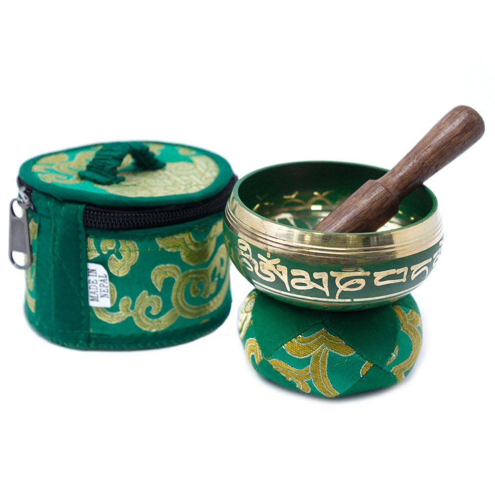 Brass Tibetan Singing Bowl Set – 6x8 CM with wooden striker, green brocade cushion and matching zippered carrying case